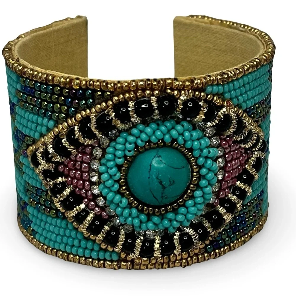 Turquoise and Gold Colored Beaded Evil Eye Cuff Bracelet